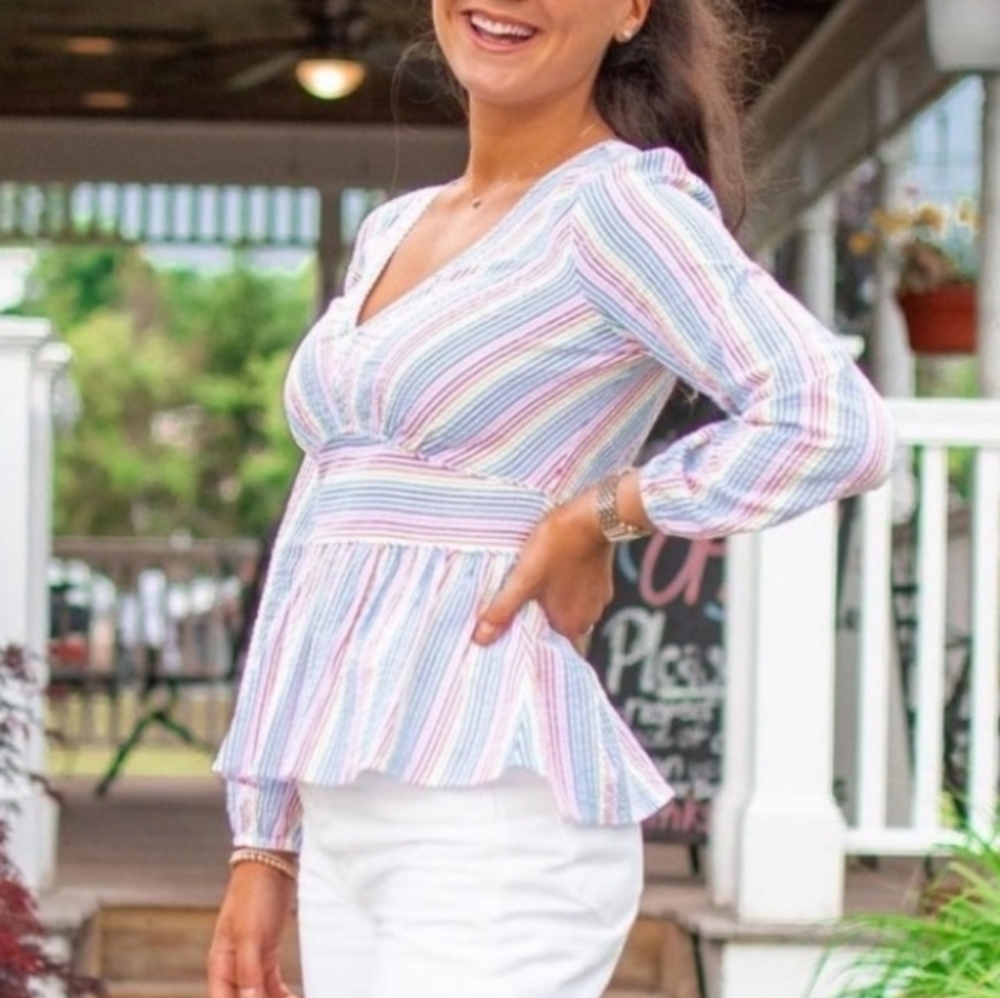 J. Crew V-neck Peplum Top - Rainbow Seersucker